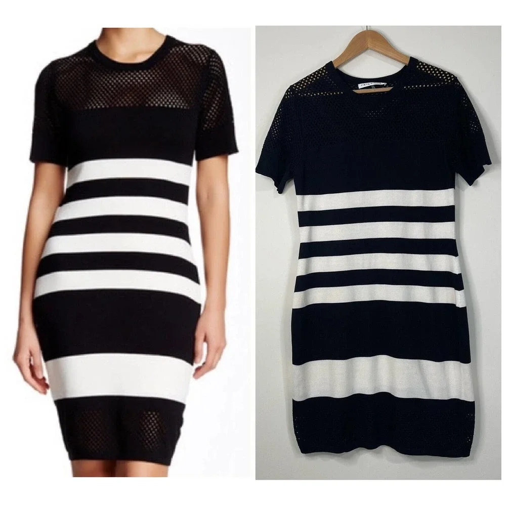 Trina Turk Striped Sheath Dress Size L Black Off White Lined